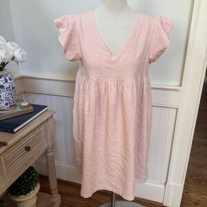 Emma Knudsen Annie Pink Babydoll Linen Flutter Sleeve V-Neck Dress Small S/P